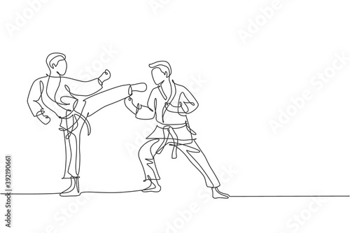 One continuous line drawing of two young talented karateka men train pose for duel fighting at dojo gym center. Mastering martial art sport concept. Dynamic single line draw design vector illustration