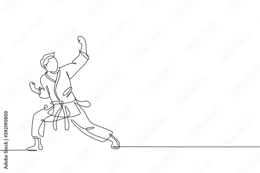 One single line drawing of young sporty karateka man in fight uniform with belt exercising martial art at gym vector illustration. Healthy sport lifestyle concept. Modern continuous line draw design One single line drawing of young sporty karateka man in fight uniform with belt exercising martial art at gym vector illustration. Healthy sport lifestyle concept. Modern continuous line draw design