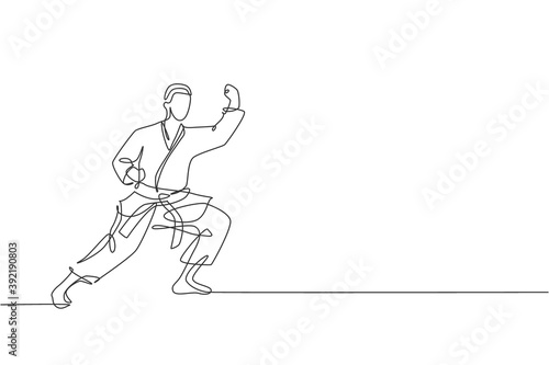 Single continuous line drawing of young confident karateka man in kimono practicing karate combat at dojo. Martial art sport training concept. Trendy one line draw design graphic vector illustration