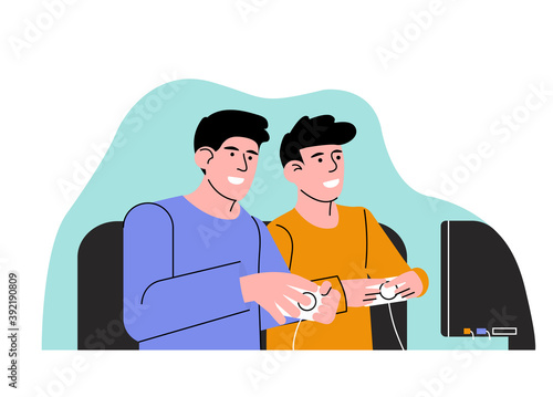 Two friends are sitting in front of the monitor and playing a game. Vector illustration