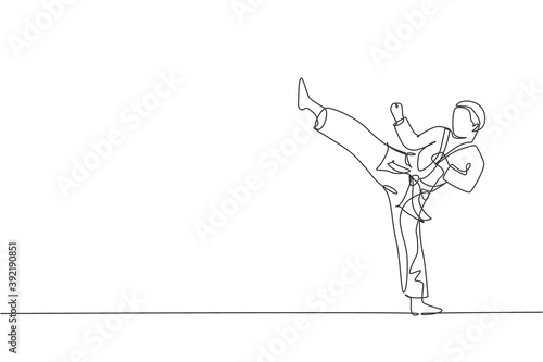 Single continuous line drawing of young confident karateka man in kimono practicing karate combat at dojo. Martial art sport training concept. Trendy one line draw design vector graphic illustration