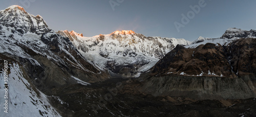 Annapurnas at sunrise from Annapurna Base Campn Himalaya, Nepal