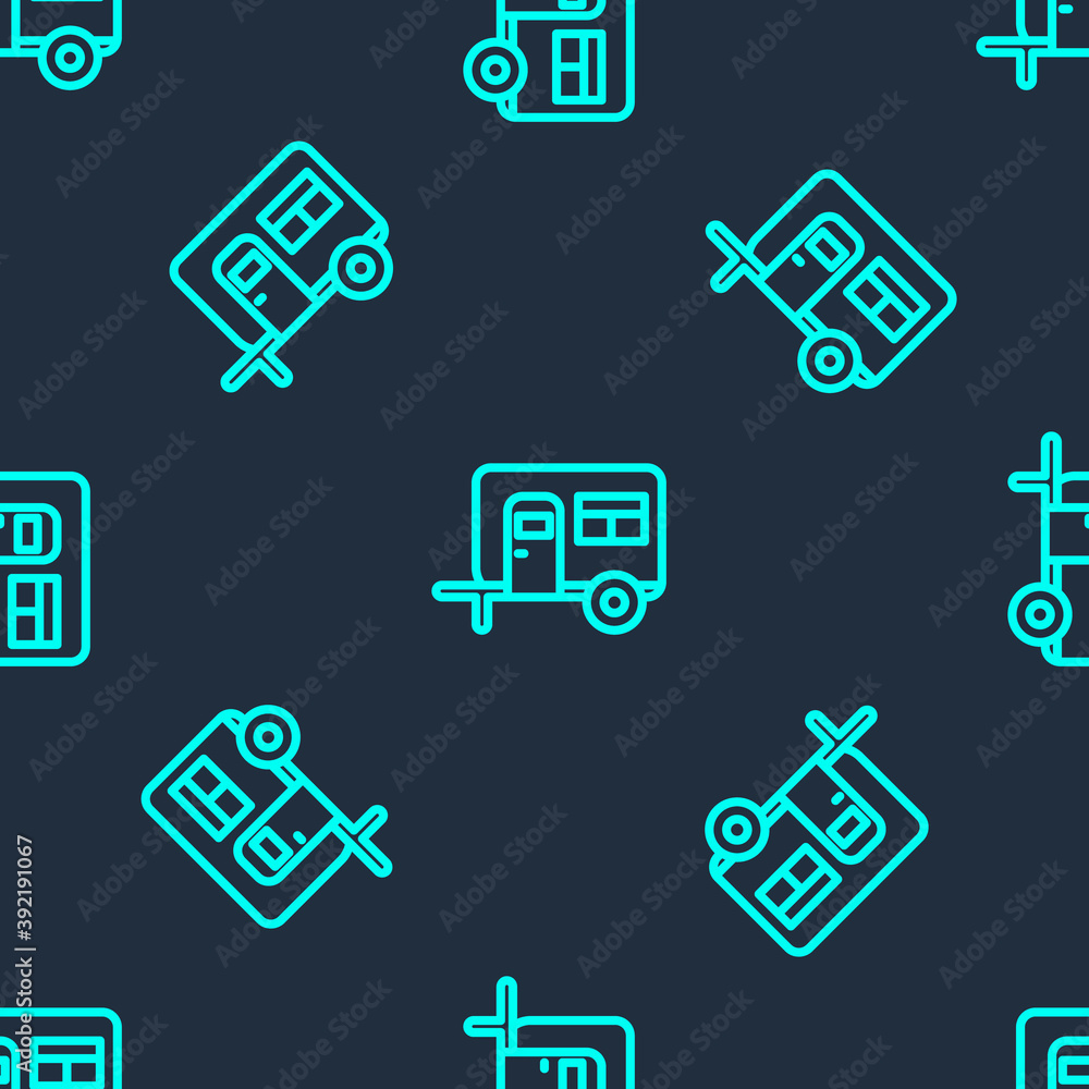 Green line Rv Camping trailer icon isolated seamless pattern on blue background. Travel mobile home, caravan, home camper for travel. Vector. Green line Rv Camping trailer icon isolated seamless pattern on blue background. Travel mobile home, caravan, home camper for travel. Vector.