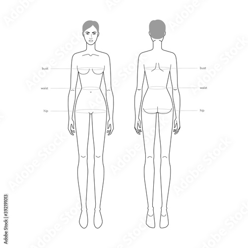 Women standard body parts terminology measurements Illustration for clothes and accessories production fashion lady size chart. 9 head girl for site and online shop. Human body infographic template