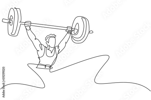 One single line drawing of fit young athlete muscular man lifting barbells working out at a gym vector illustration. Weightlifter preparing for training concept. Modern continuous line draw design