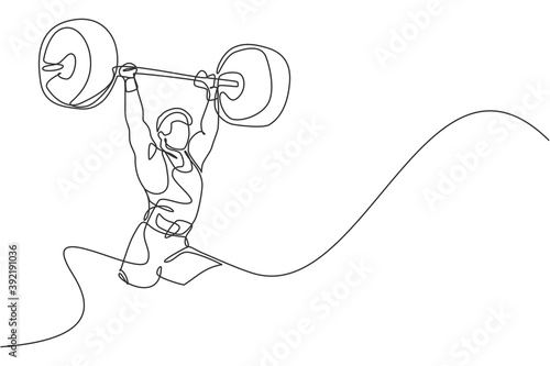 Single continuous line drawing of young strong weightlifter man preparing for barbell workout in gym. Weight lifting training concept. Trendy one line draw design graphic vector illustration