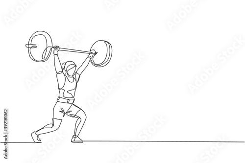 Single continuous line drawing of young strong weightlifter woman preparing for barbell workout in gym. Weight lifting training concept. Trendy one line draw design vector graphic illustration