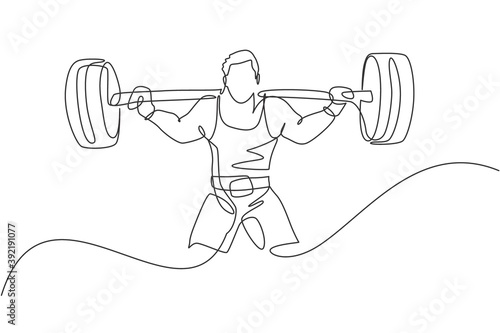 Single continuous line drawing of young strong weightlifter man preparing for barbell workout in gym. Weight lifting training concept. Trendy one line draw design vector graphic illustration