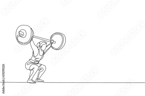 One single line drawing of fit young athlete muscular woman lifting barbells working out at a gym vector illustration. Weightlifter preparing for training concept. Modern continuous line draw design