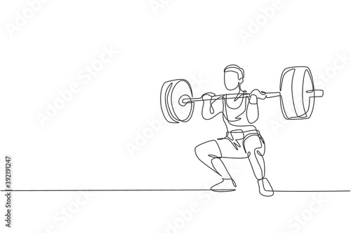 Single continuous line drawing of young strong weightlifter man preparing for barbell workout in gym. Weight lifting training concept. Trendy one line draw graphic design vector illustration