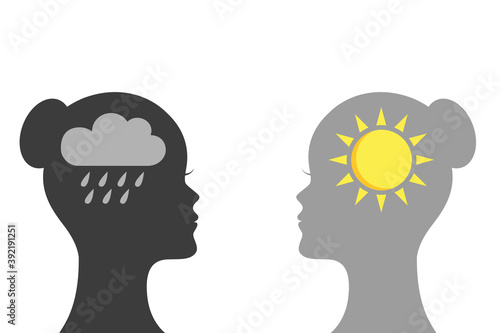 mental health concept woman with rain and sun symbol silhouette vector illustration EPS10