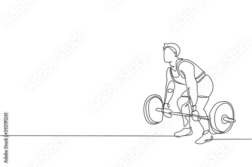 Single continuous line drawing of young strong weightlifter man preparing for barbell workout in gym. Weight lifting training concept. Trendy one line draw design graphic vector illustration