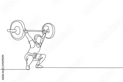 One single line drawing of fit young athlete muscular man lifting barbells working out at a gym vector illustration. Weightlifter preparing for training concept. Modern continuous line draw design