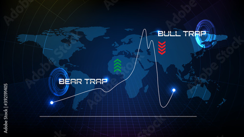 abstract background of futuristic technology screen scan radar with world maps and bull trap and bear trap