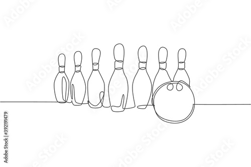 Single continuous line drawing bowling pins lined up at bowling lane. Doing sport hobby at leisure time concept. Trendy one line draw design vector illustration graphic