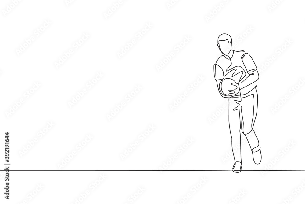 Obraz premium One continuous line drawing of young happy bowling player man throw ball into lane to hit the pin. Healthy sport and lifestyle activity concept. Dynamic single line draw design vector illustration