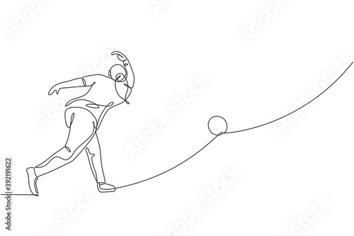 Single continuous line drawing of young happy bowling player man throw bowling ball to hit the pins. Doing sport hobby at leisure time concept. Trendy one line draw design graphic vector illustration