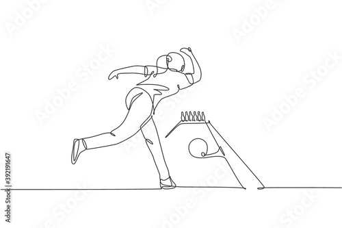 One single line drawing young talented bowling player woman throw ball to hit bowling pins vector illustration graphic. Healthy people lifestyle and sport concept. Modern continuous line draw design