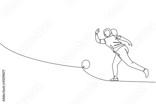 One single line drawing young talented bowling player woman throw ball to hit bowling pins vector graphic illustration. Healthy people lifestyle and sport concept. Modern continuous line draw design