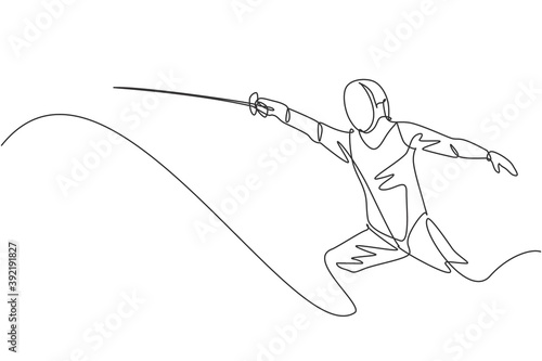 Fotografija Single continuous line drawing of young professional fencer athlete man in fencing mask and rapier