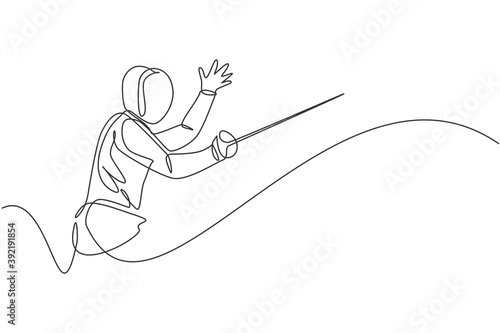 One continuous line drawing of young man fencing athlete practice fighting on professional sport arena. Fencing costume and holding sword concept. Dynamic single line draw design vector illustration
