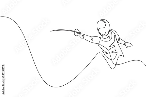 One single line drawing of young woman fencer athlete in fencing costume exercising motion on sport arena vector illustration. Combative and fighting sport concept. Modern continuous line draw design