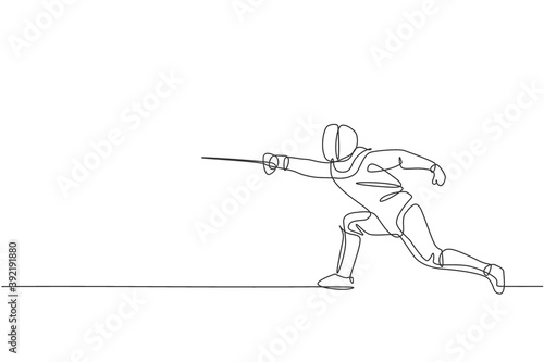 Single continuous line drawing young professional fencer athlete man in fencing mask and rapier. Competitive fighting sport competition concept. Trendy one line draw design graphic vector illustration