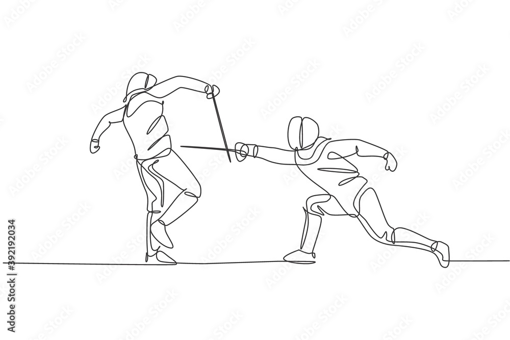 Fototapeta premium One continuous line drawing of two young men fencing athlete practice fighting on sport arena. Fencing costume and holding sword action concept. Dynamic single line draw design vector illustration
