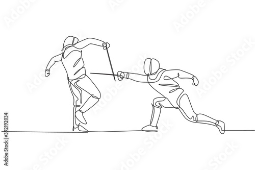 One continuous line drawing of two young men fencing athlete practice fighting on sport arena. Fencing costume and holding sword action concept. Dynamic single line draw design vector illustration