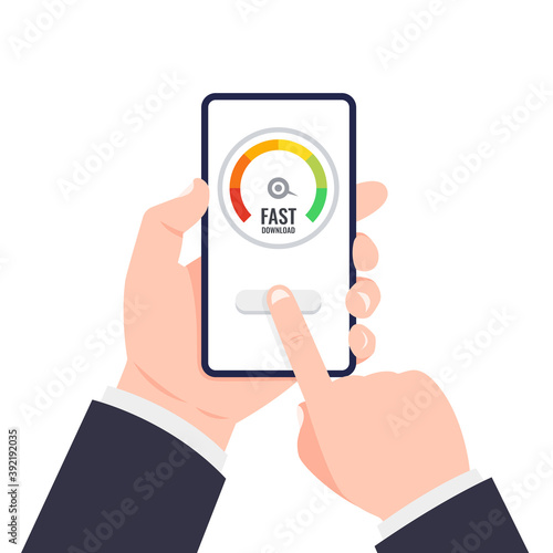 Hand holding smartphone. Speedometer test showing fast good page loading speed time. Vector illustration.