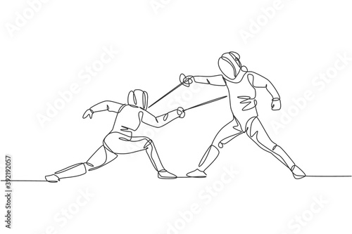 One single line drawing of two young men fencer athlete in fencing costume exercise motion on sport arena vector illustration. Combative and fighting sport concept. Modern continuous line draw design