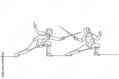 Single continuous line drawing of two young fencer athlete men in fencing mask and rapier duel at arena. Competitive fighting sport competition concept. Trendy one line draw design vector illustration