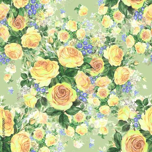 Seamless pattern watercolor bouquet of delicate tea roses with forget-me-not