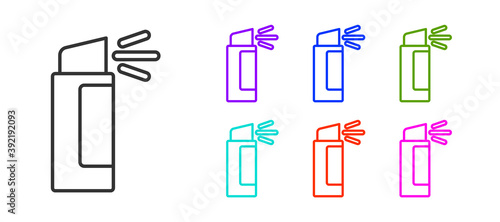 Black line Pepper spray icon isolated on white background. OC gas. Capsicum self defense aerosol. Set icons colorful. Vector.