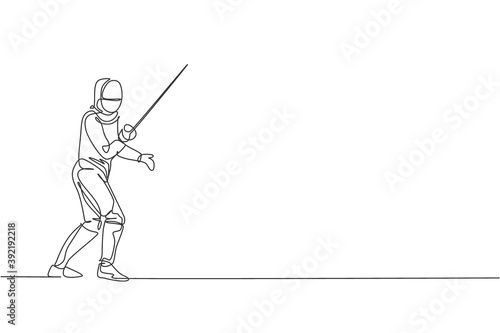 One single line drawing of young man fencer athlete in fencing costume exercising motion on sport arena vector illustration. Combative and fighting sport concept. Modern continuous line draw design