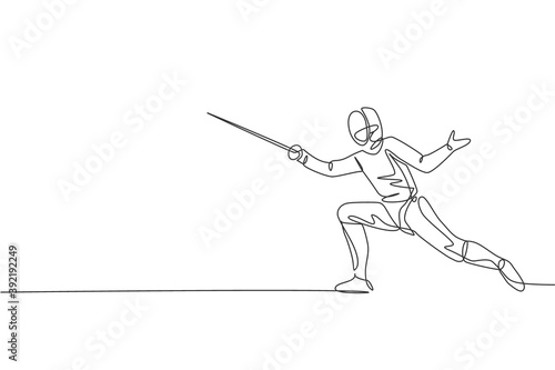 One single line drawing of young man fencer athlete in fencing costume exercising motion on sport arena vector illustration. Combative and fighting sport concept. Modern continuous line draw design