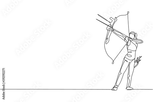 Single continuous line drawing of young professional archer woman focus aiming archery target. Archery sport exercise with the bow concept. Trendy one line draw design vector graphic illustration