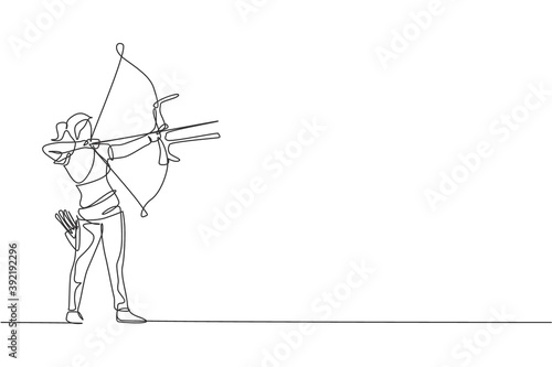 One continuous line drawing of young archer woman pulling the bow to shooting an archery target. Archery sport training and exercising concept. Dynamic single line draw design vector illustration
