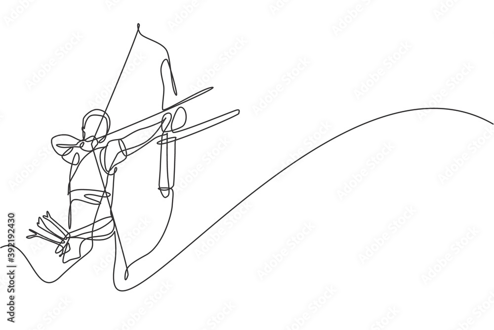 One single line drawing of young archer man focus exercising archery to hit the target vector graphic illustration. Healthy refresh shooting with bow sport concept. Modern continuous line draw design One single line drawing of young archer man focus exercising archery to hit the target vector graphic illustration. Healthy refresh shooting with bow sport concept. Modern continuous line draw design