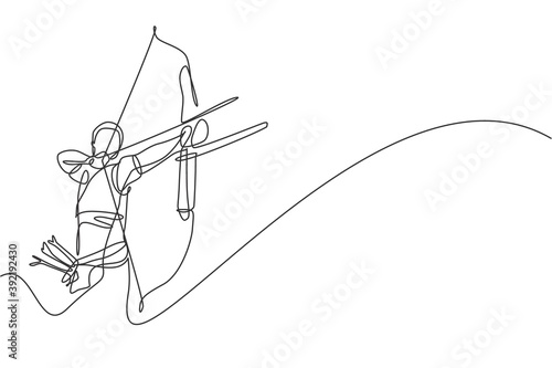Fotografering One single line drawing of young archer man focus exercising archery to hit the target vector graphic illustration