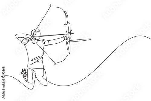 Single continuous line drawing of young professional archer man focus standing and aiming archery target. Archery sport exercise with the bow concept. Trendy one line draw design vector illustration