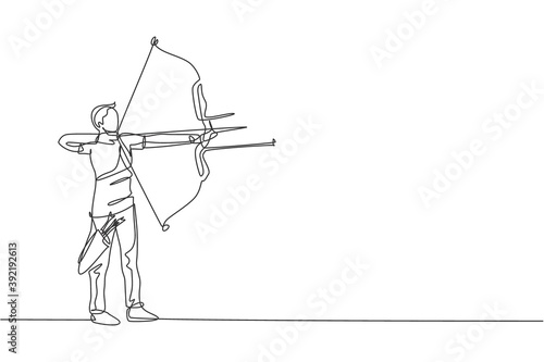 One continuous line drawing of young archer man pulling bow to shooting an archery target. Archery sport training and exercising concept. Dynamic single line draw design graphic vector illustration