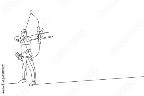 One single line drawing of young archer man focus exercising archery to hit the target graphic vector illustration. Healthy refresh shooting with bow sport concept. Modern continuous line draw design