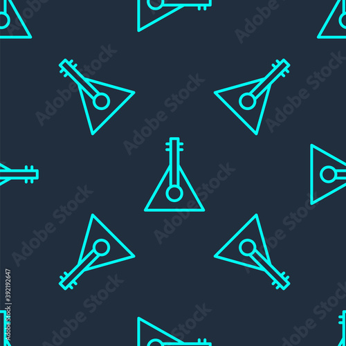 Green line Musical instrument balalaika icon isolated seamless pattern on blue background. Vector.