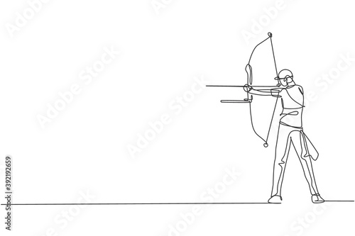 One single line drawing of young archer man focus exercising archery to hit the target vector graphic illustration. Healthy refresh shooting with bow sport concept. Modern continuous line draw design