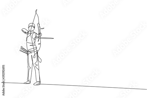 One continuous line drawing of young archer man pulling bow to shooting an archery target. Archery sport training and exercising concept. Dynamic single line draw design vector illustration graphic