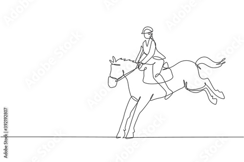 One single line drawing of young horse rider man performing dressage jumping test vector illustration graphic. Equestrian sport show competition concept. Modern continuous line draw design