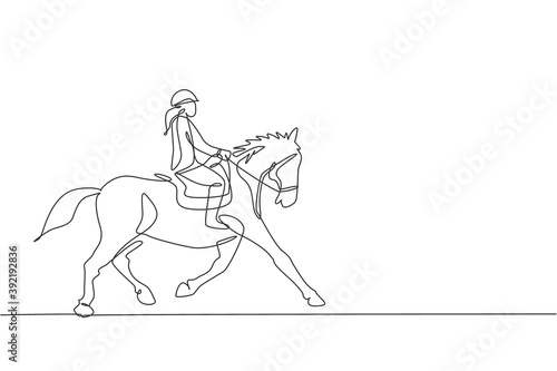 One continuous line drawing of young horse rider woman in action. Equine run training at racing track. Equestrian sport competition concept. Dynamic single line draw design graphic vector illustration