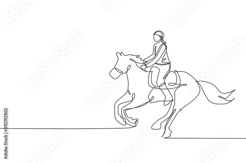 Single continuous line drawing of young professional horseback rider running with a horse around the stables. Equestrian sport training process concept. Trendy one line draw design vector illustration