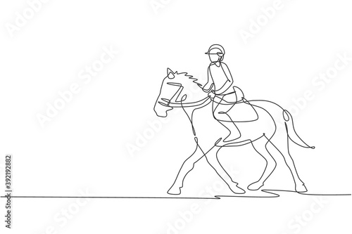 One continuous line drawing of young horse rider man in action. Equine training at racing track. Equestrian sport competition concept. Dynamic single line draw design vector illustration graphic